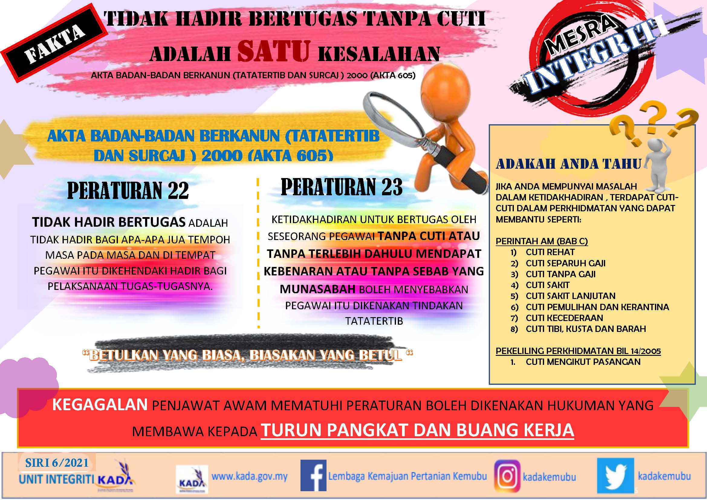 Siri 6 tidak hadir bertugas tanpa cuti